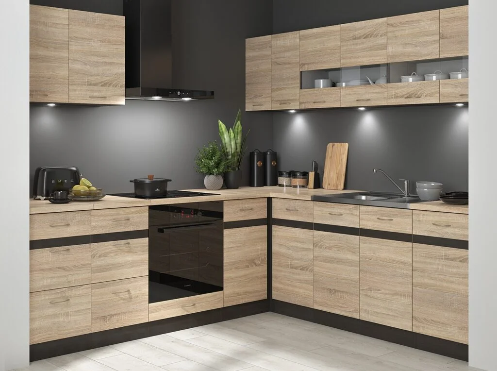 Fitted Kitchen Right Corner Set Wood Effect Cabinets Oak Wenge Effect Freestanding 11 Cupboard Complete DIY Junona