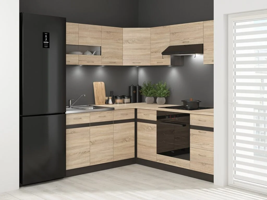 Kitchen Left Corner Set 11 Cabinet Unit Oak Wenge Effect Freestanding Cupboard Complete DIY Fitted Kitchen - Junona