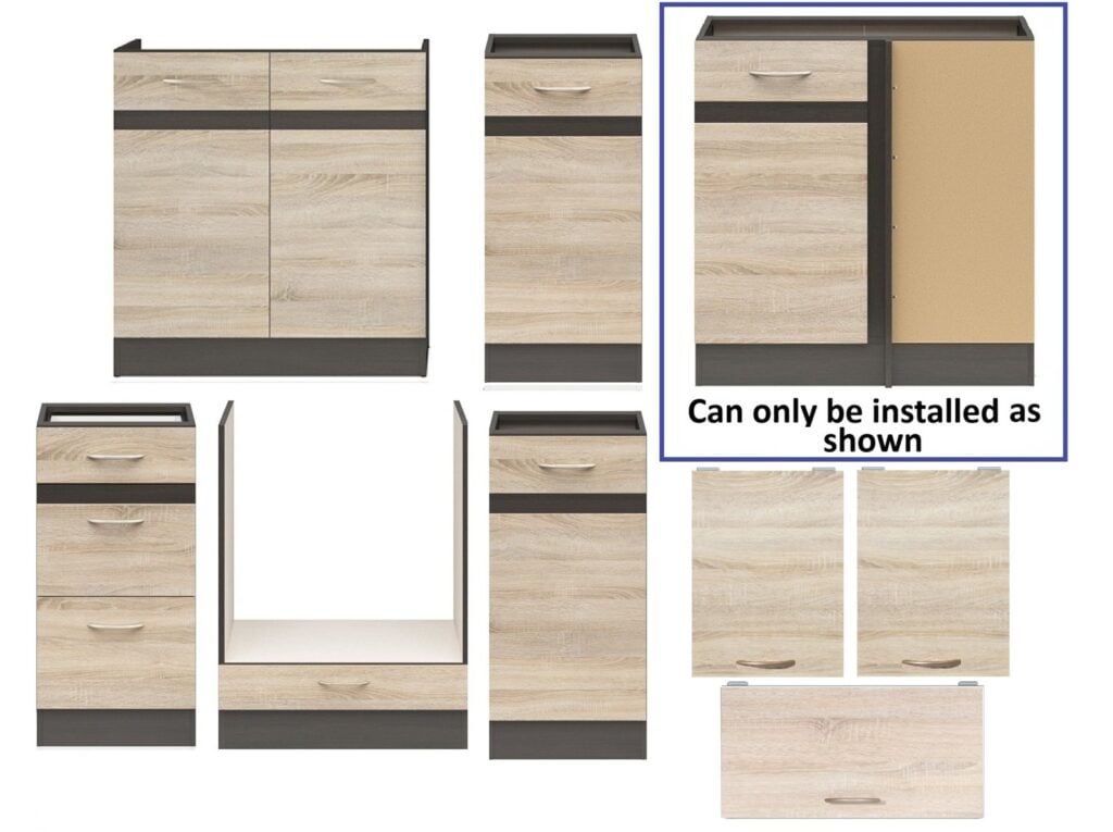 Fitted Kitchen Right Corner Set 9 Cabinet Unit Light Oak Wenge Wood Effect Freestanding Cupboard Complete - Junona