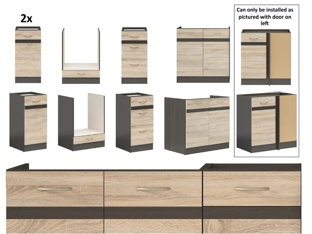 Fitted Kitchen Right Corner Set 9 Cabinet Unit Light Oak Wenge Wood Effect Freestanding Cupboard Complete - Junona