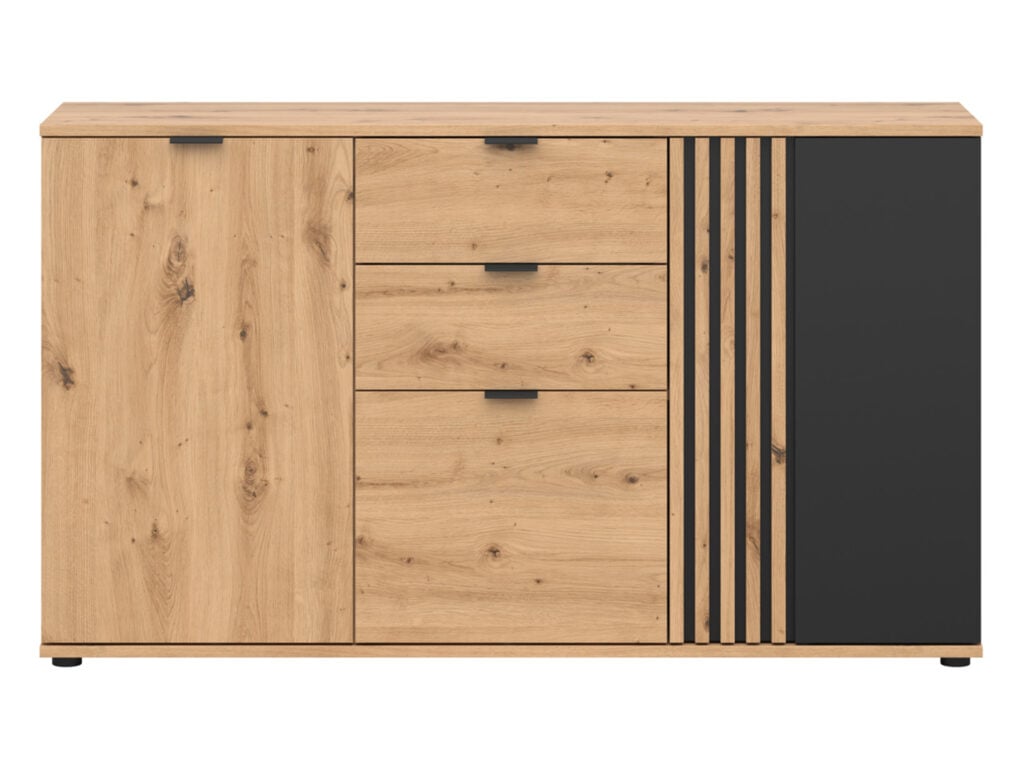 Hallway Storage Set Large Sideboard Cabinet and Triple Wardrobe Hall Unit Set Black and Oak with Slats – Vabres