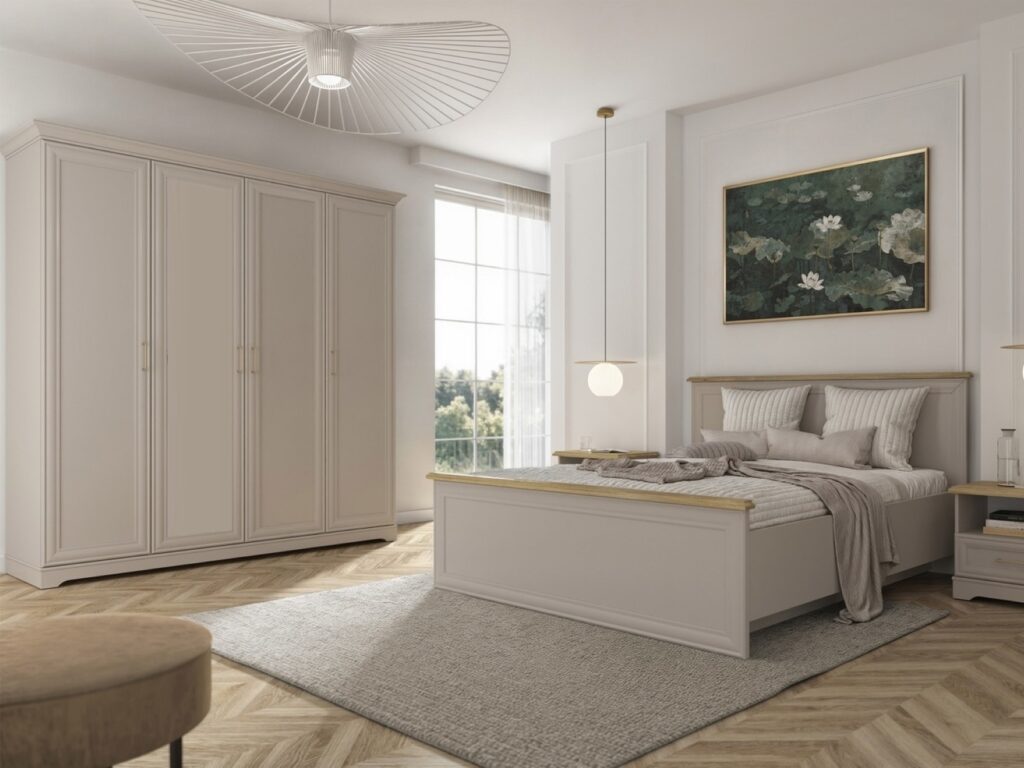 Large Wardrobe 4 Door Storage Cabinet Quadruple Wardrobe Shelves Hanging Rails Shaker Style Cashmere Beige - Anga