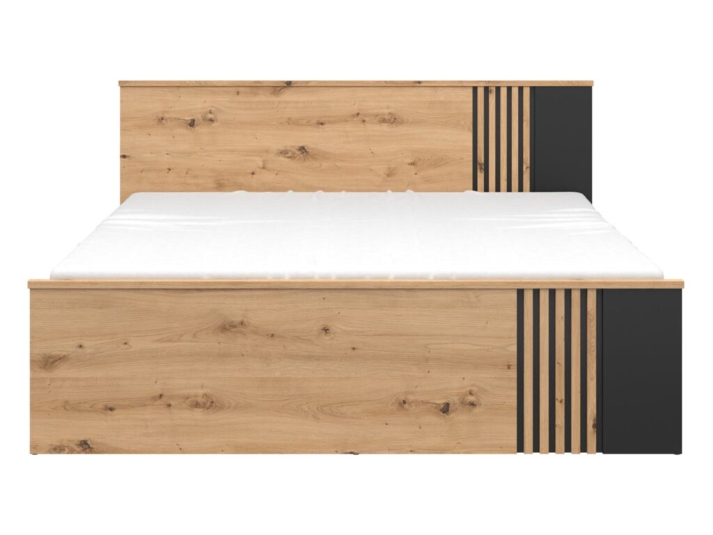 King Size Bed with Storage Euro 160cm King Underbed Wheeled Drawer Wood Slats Black and Oak with Panelling – Vabres
