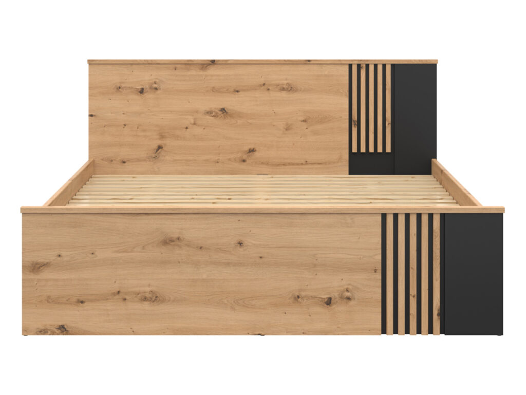 King Size Bed with Storage Euro 160cm King Underbed Wheeled Drawer Wood Slats Black and Oak with Panelling – Vabres