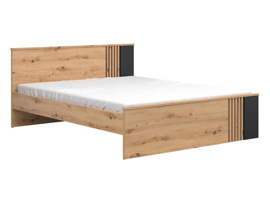 King Size Bed with Storage Euro 160cm King Underbed Wheeled Drawer Wood Slats Black and Oak with Panelling – Vabres