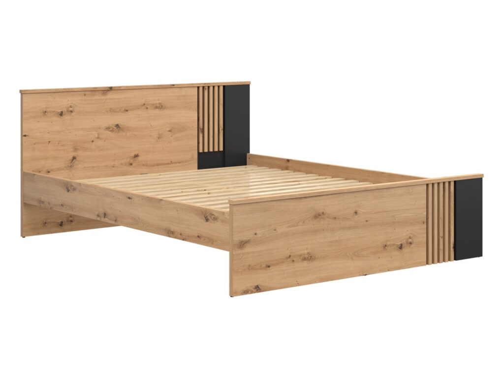 King Size Bed with Storage Euro 160cm King Underbed Wheeled Drawer Wood Slats Black and Oak with Panelling – Vabres