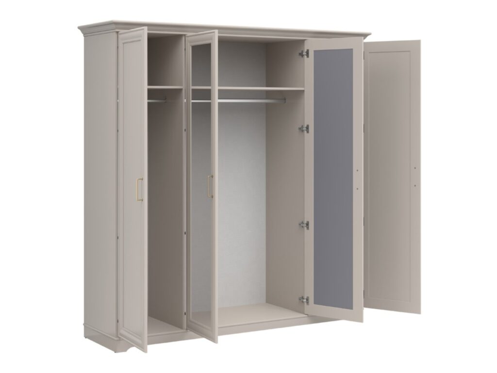 Large Mirror Wardrobe 4 Door Storage Cabinet Quadruple Wardrobe 2 Mirrored Doors Shaker Style Cashmere Beige - Anga