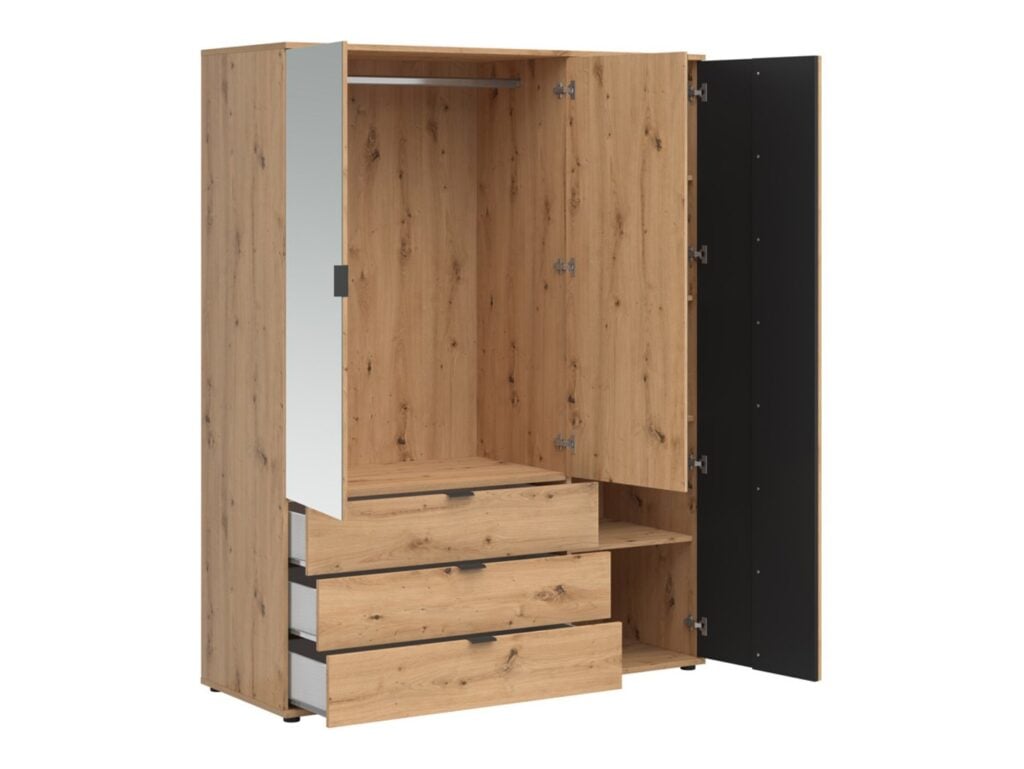 Triple Wardrobe Mirrored Bedroom Hallway 3 Door 3 Drawer Shelf Unit Hanging Rail Black and Oak with Slats – Vabres