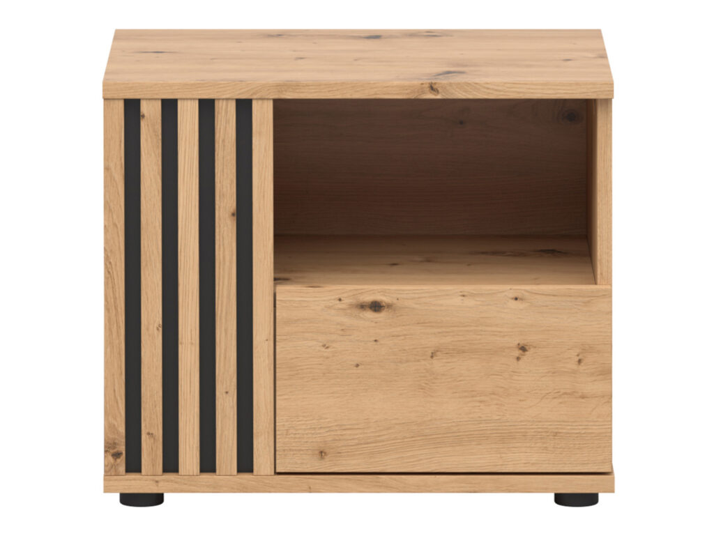 Bedside Cabinet Left Side Table Nightstand 1 Drawer Compact Storage Bedroom Unit Black and Oak with Slats – Vabres