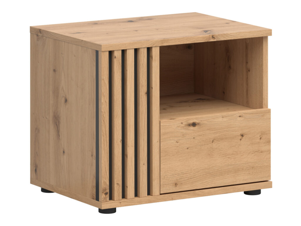 Bedside Cabinet Left Side Table Nightstand 1 Drawer Compact Storage Bedroom Unit Black and Oak with Slats – Vabres