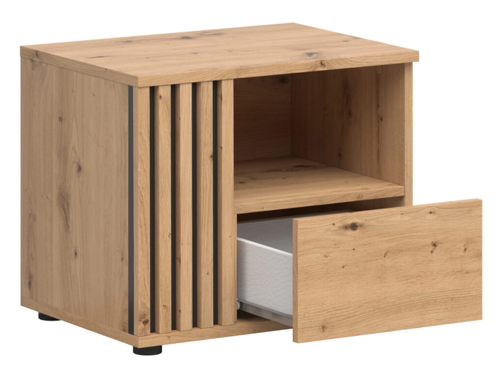 Bedside Cabinet Left Side Table Nightstand 1 Drawer Compact Storage Bedroom Unit Black and Oak with Slats – Vabres