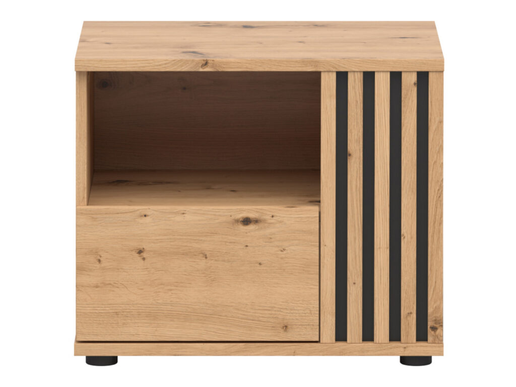 Bedside Cabinet Right Side Table Nightstand 1 Drawer Compact Storage Bedroom Unit Black and Oak with Slats – Vabres