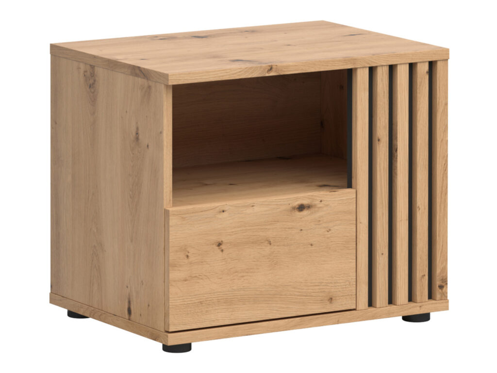 Bedside Cabinet Right Side Table Nightstand 1 Drawer Compact Storage Bedroom Unit Black and Oak with Slats – Vabres