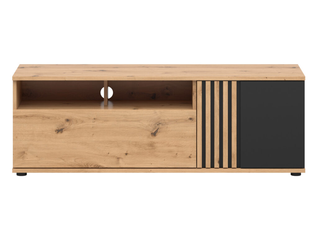 Living Room Furniture Set TV Cabinet and Floating Wall Mounted Shelf Unit 135cm Black and Oak with Slats – Vabres
