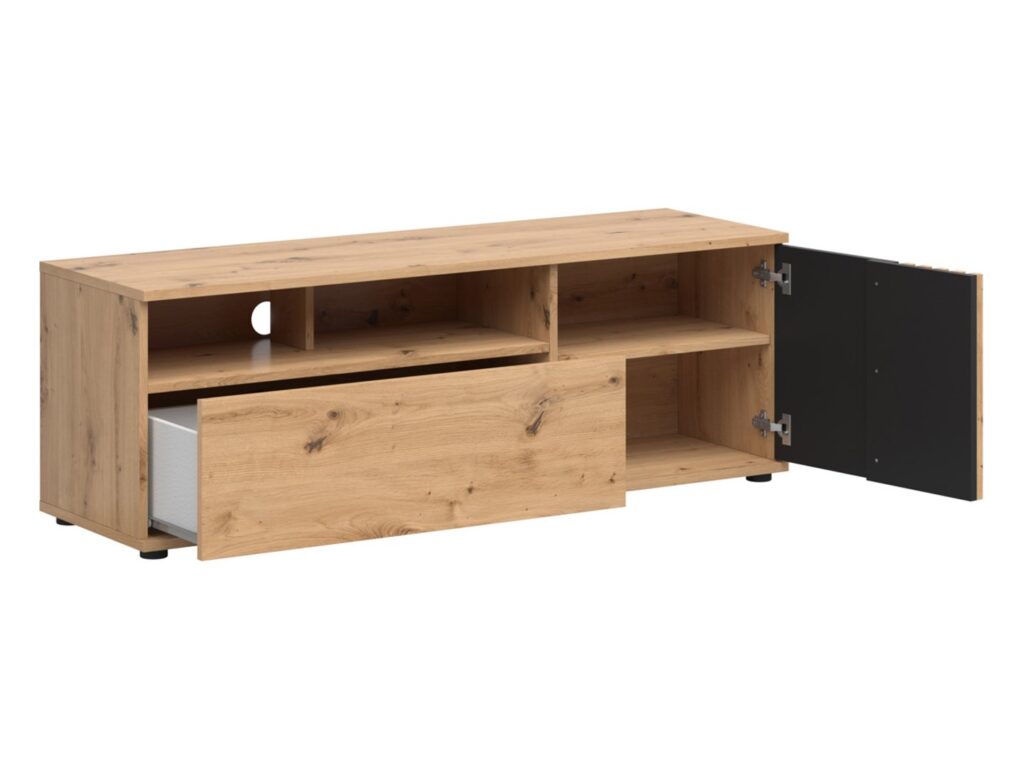 Living Room Furniture Set TV Cabinet and Floating Wall Mounted Shelf Unit 135cm Black and Oak with Slats – Vabres