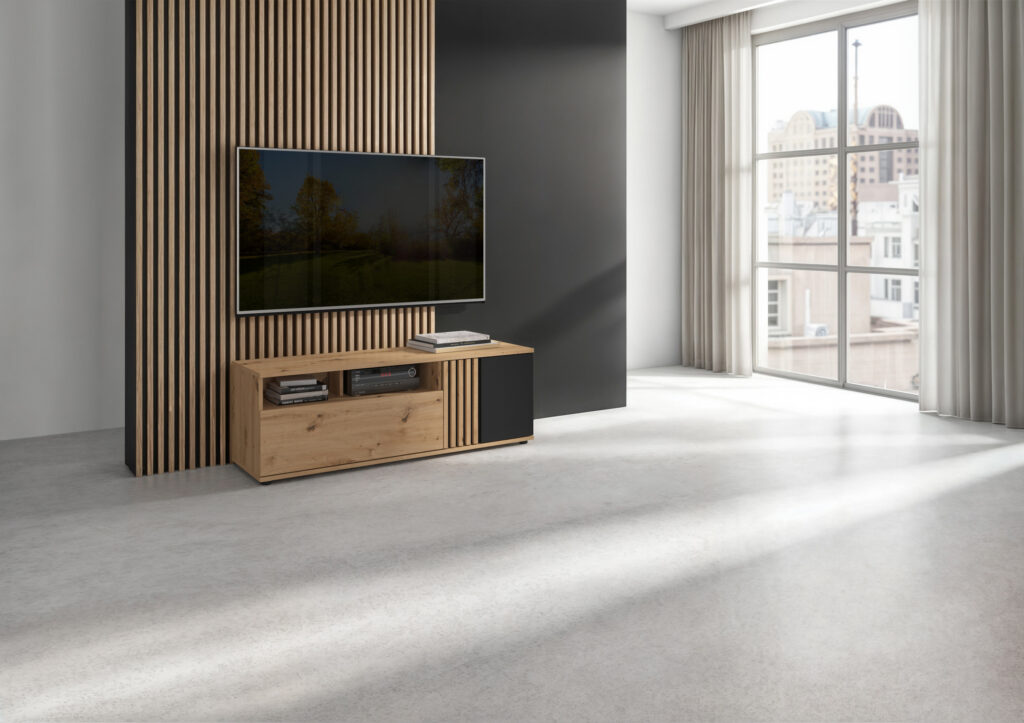Living Room Furniture Set TV Cabinet and Floating Wall Mounted Shelf Unit 135cm Black and Oak with Slats – Vabres
