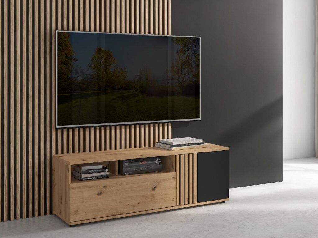 Living Room Furniture Set TV Cabinet and Floating Wall Mounted Shelf Unit 135cm Black and Oak with Slats – Vabres
