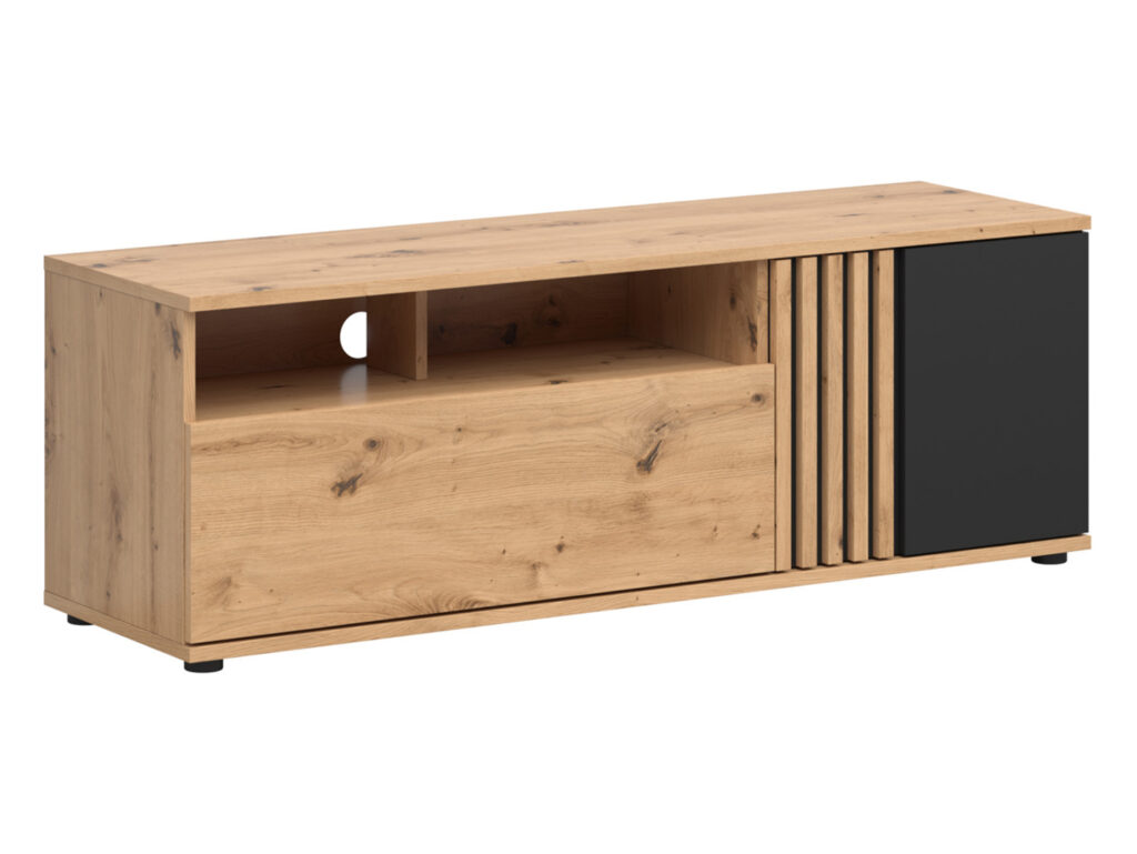 Living Room Furniture Set TV Cabinet and Floating Wall Mounted Shelf Unit 135cm Black and Oak with Slats – Vabres