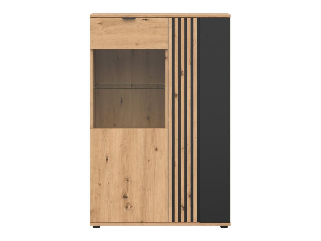 Glass Display Cabinet Living Room Storage Compact Shelf Unit LED Lights Black and Oak with Slats – Vabres