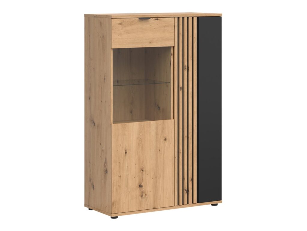 Glass Display Cabinet Living Room Storage Compact Shelf Unit LED Lights Black and Oak with Slats – Vabres