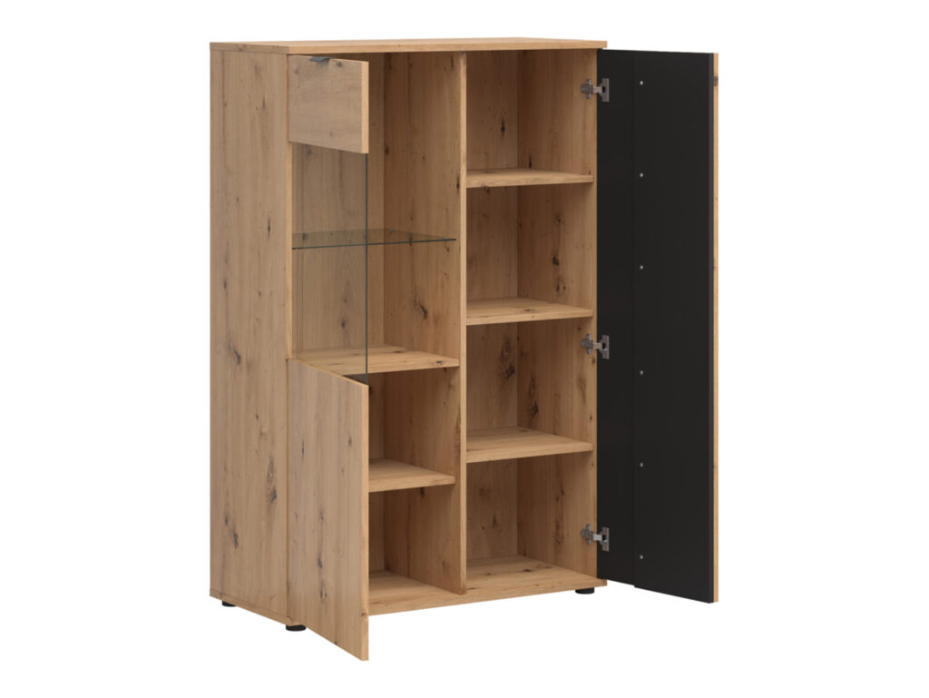 Glass Display Cabinet Living Room Storage Compact Shelf Unit LED Lights Black and Oak with Slats – Vabres