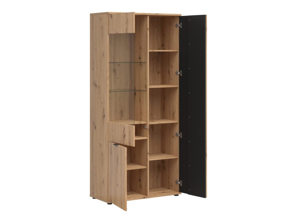 Living Room Furniture Set Sideboard Cabinet Tall Glass Display Cabinet LED Lights Black and Oak with Slats – Vabres