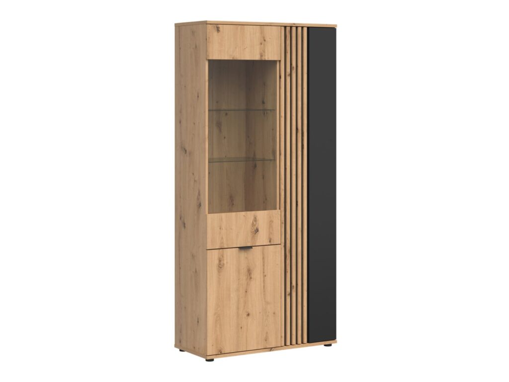 Living Room Furniture Set Sideboard Cabinet Tall Glass Display Cabinet LED Lights Black and Oak with Slats – Vabres