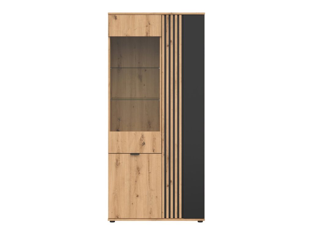 Tall Glass Display Cabinet Living Room Storage Compact Shelf Unit Ribbed Black and Oak with Slats – Vabres