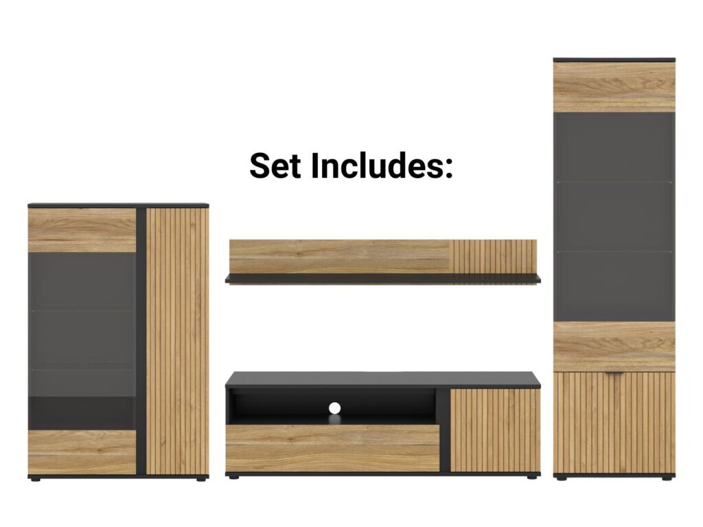 Living Room Furniture Set Modern Storage Display Units TV Cabinet Wall Shelf Black and Oak Printed Slat Effect Luen