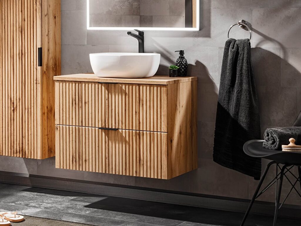 Oak Bathroom Sink Cabinet Vanity Unit with Countertop Basin 600mm Fluted Wall Hung Floating Drawers - Adel