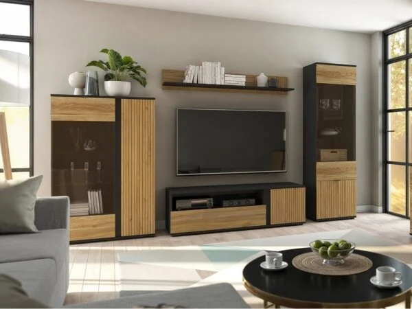 1. Luen living room furniture set 1 cabinets tv unit glass display black oak panelling