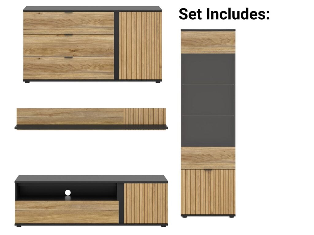 Living Room Storage Set Modern Sideboard Glass Display TV Cabinet Wall Shelf Black Oak Printed Slat Effect Luen