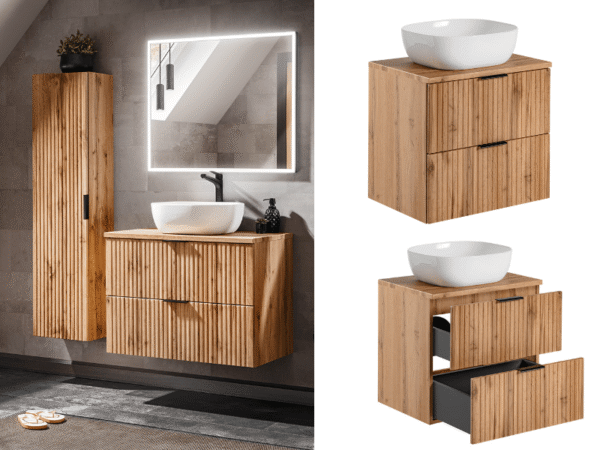 2 - vanity unit with sink worktop oak bathroom wall cabinet 600mm adel