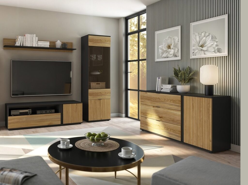 Living Room Storage Set Modern Sideboard Glass Display TV Cabinet Wall Shelf Black Oak Printed Slat Effect Luen