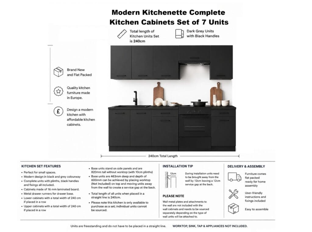 Kitchen Cabinets Set Dark Grey Cupboards 7 Unit Fully Fitted Kitchen Package - Anika
