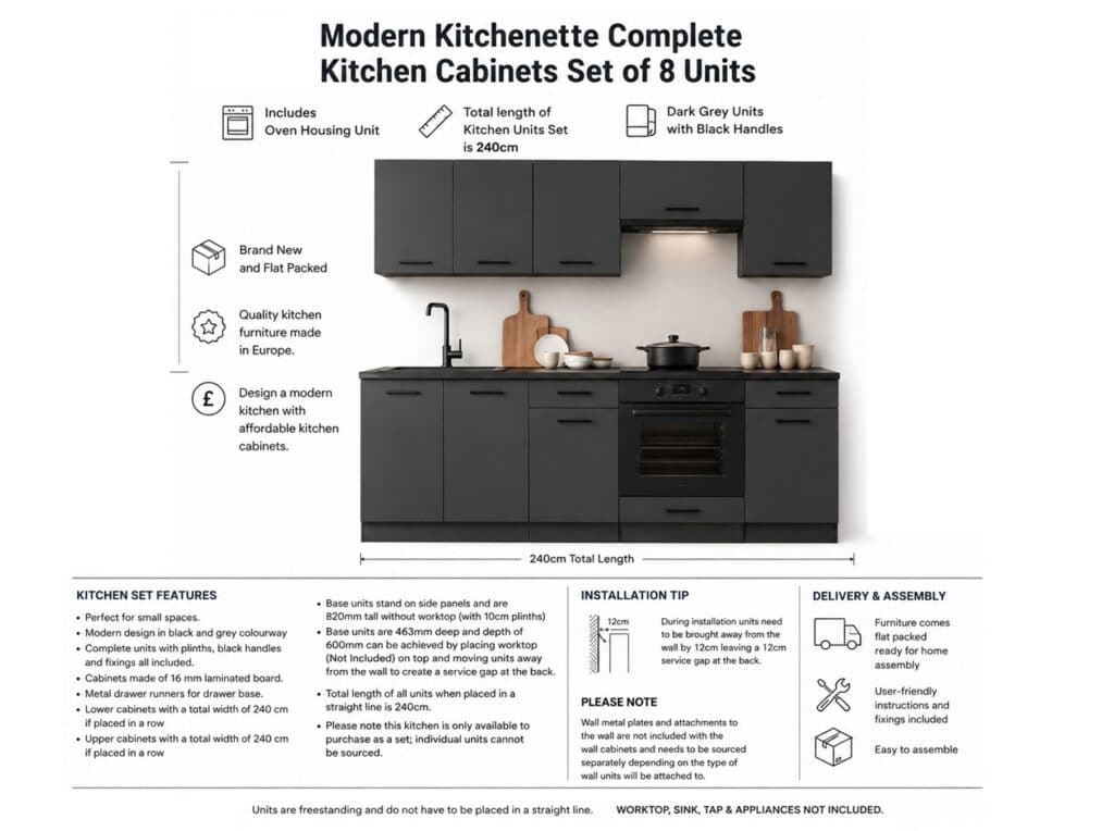 Grey Kitchen Cabinets Graphite Cupboards 8 Unit Package with Oven Housing 240cm - Anika