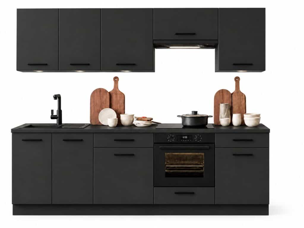 Grey Kitchen Cabinets Graphite Cupboards 8 Unit Package with Oven Housing 240cm - Anika