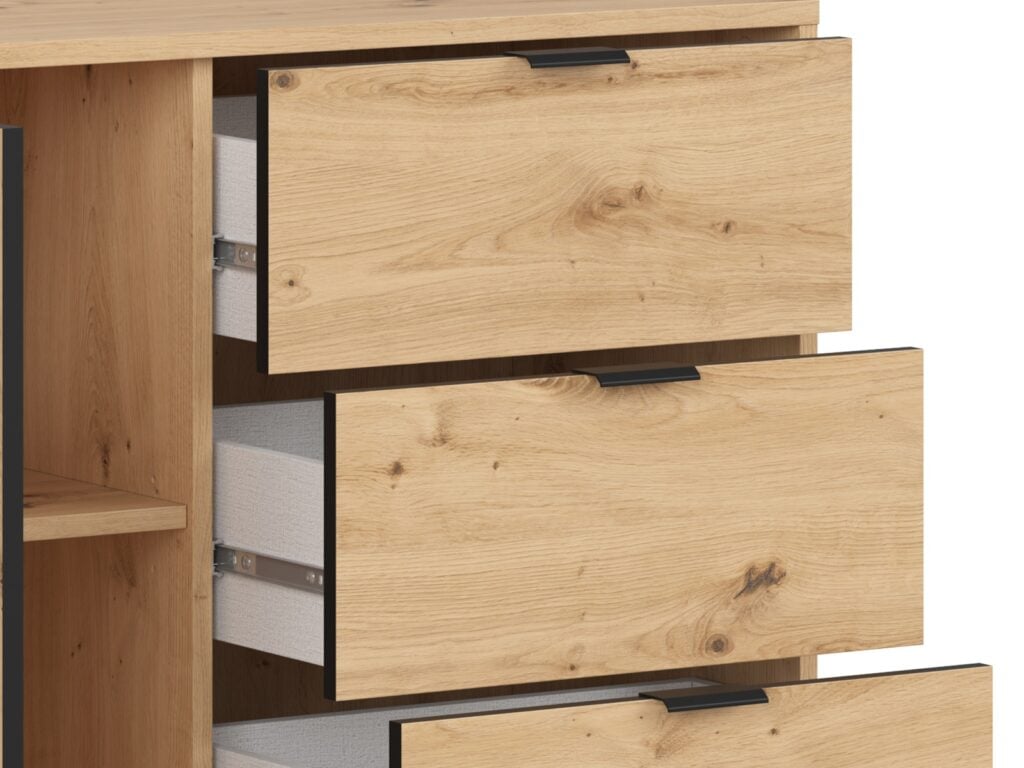 Wide Sideboard Storage Cabinet Modern Hallway Buffet 180cm Soft Close Unit Oak Effect with Slats Black Legs – Lamea