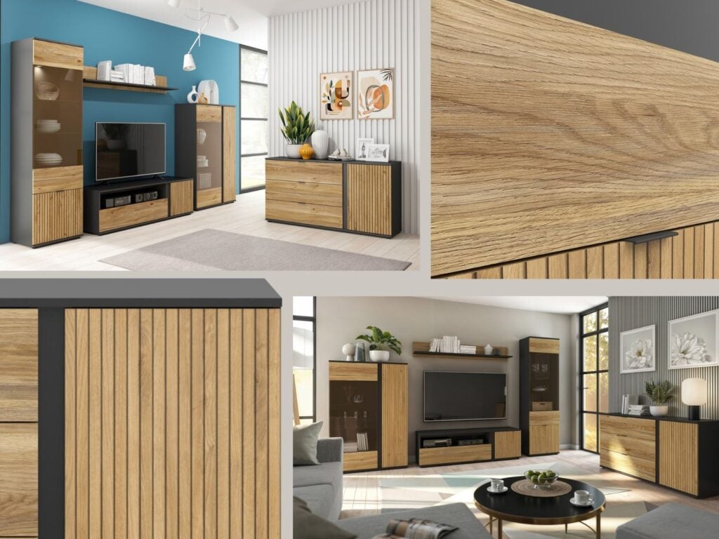 Sideboard Storage Cabinet Modern Hallway Compact 143cm Soft Close Unit Black Matt Oak Effect with Slats – Luen