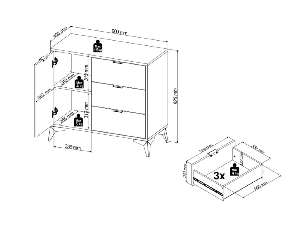 Sideboard Storage Cabinet Modern Hallway Compact 90cm Soft Close Unit Oak Effect with Slats Black Legs – Lamea