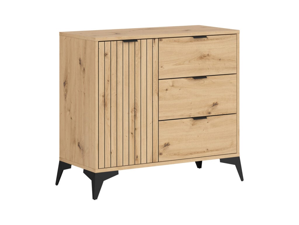 Sideboard Storage Cabinet Modern Hallway Compact 90cm Soft Close Unit Oak Effect with Slats Black Legs – Lamea