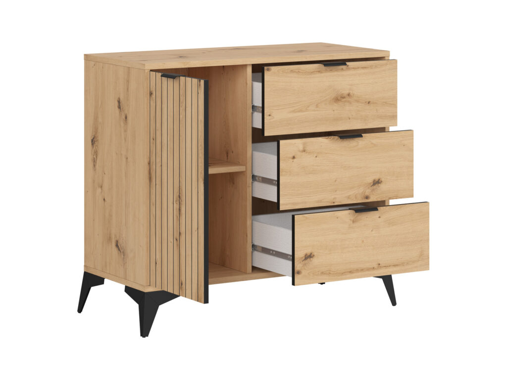 Sideboard Storage Cabinet Modern Hallway Compact 90cm Soft Close Unit Oak Effect with Slats Black Legs – Lamea