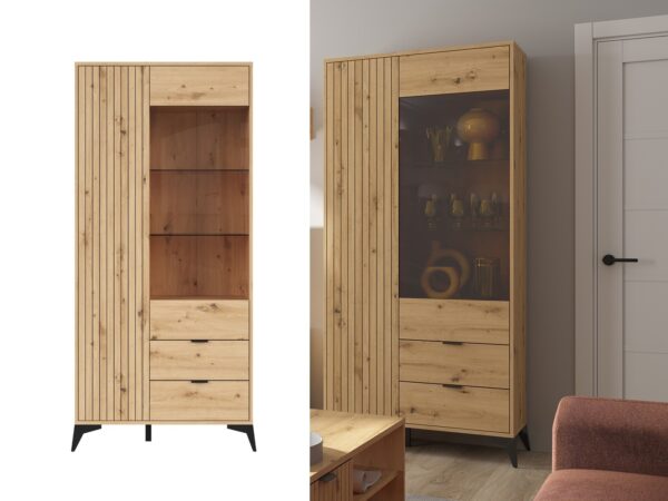 Lamea LARGE glass display cabinet with ribbed door glass door black handles and legs COLLAGE