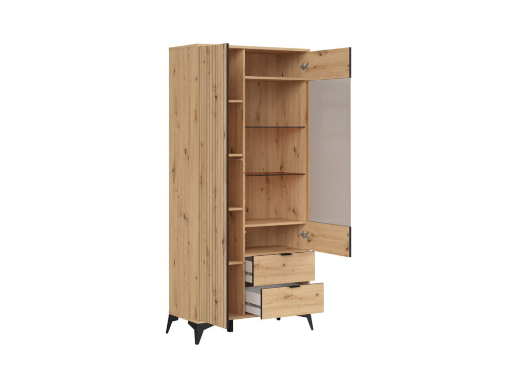 Tall Glass Display Cabinet Modern Soft Close Glazed Glass Shelves 2 Drawers Slatted Oak Effect Black Legs – Lamea