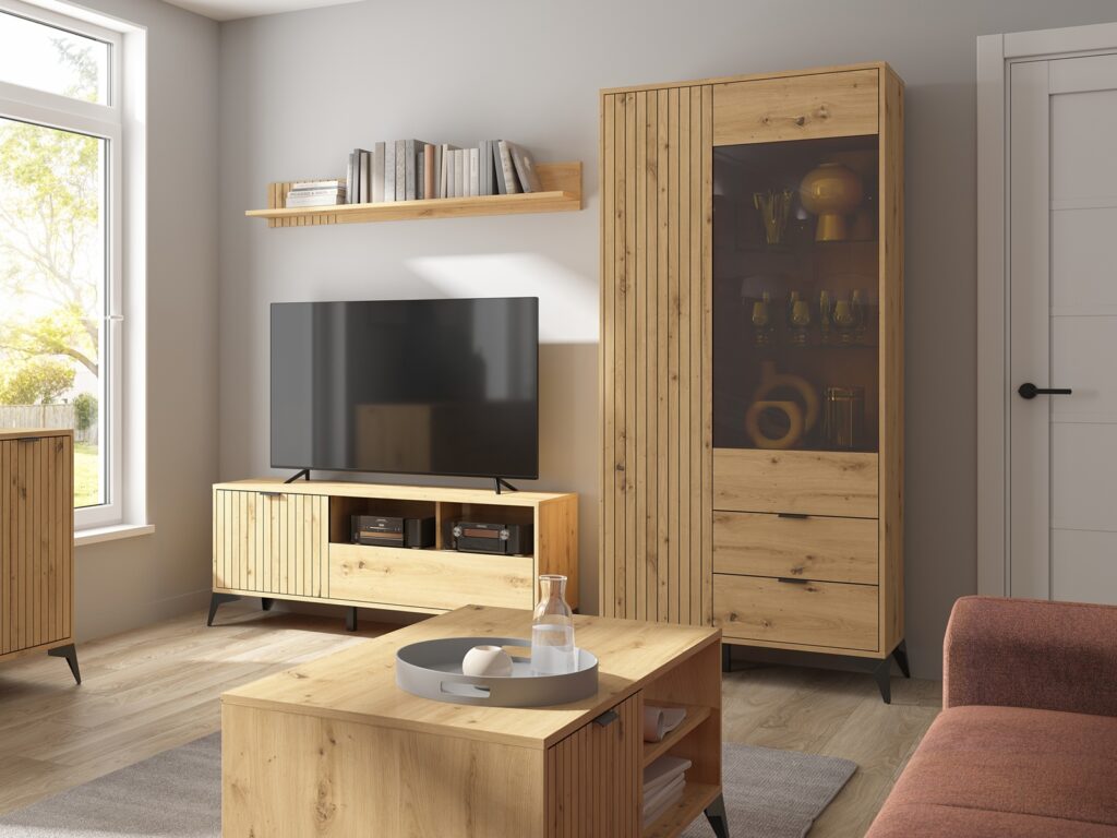 Tall Glass Display Cabinet Modern Soft Close Glazed Glass Shelves 2 Drawers Slatted Oak Effect Black Legs – Lamea