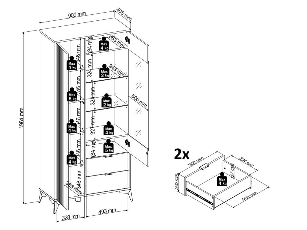 Tall Glass Display Cabinet Modern Soft Close Glazed Glass Shelves 2 Drawers Slatted Oak Effect Black Legs – Lamea