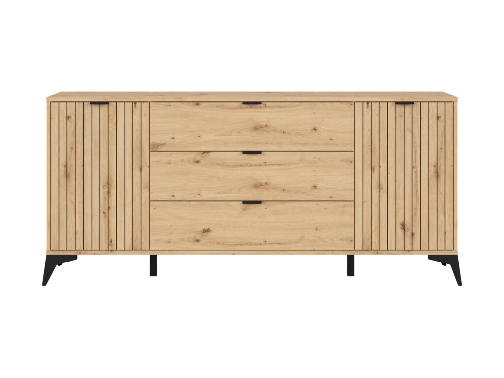 Wide Sideboard Storage Cabinet Modern Hallway Buffet 180cm Soft Close Unit Oak Effect with Slats Black Legs – Lamea