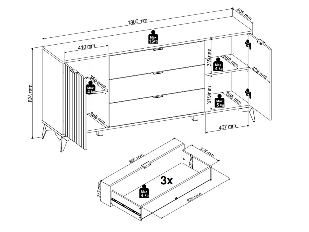 Wide Sideboard Storage Cabinet Modern Hallway Buffet 180cm Soft Close Unit Oak Effect with Slats Black Legs – Lamea
