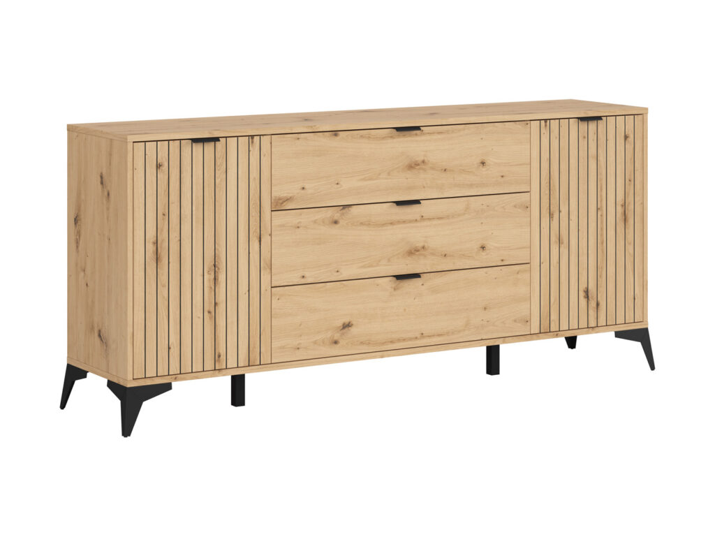 Wide Sideboard Storage Cabinet Modern Hallway Buffet 180cm Soft Close Unit Oak Effect with Slats Black Legs – Lamea