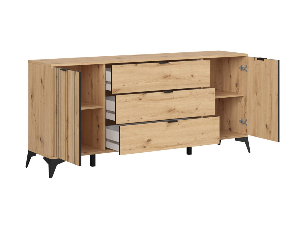 Wide Sideboard Storage Cabinet Modern Hallway Buffet 180cm Soft Close Unit Oak Effect with Slats Black Legs – Lamea